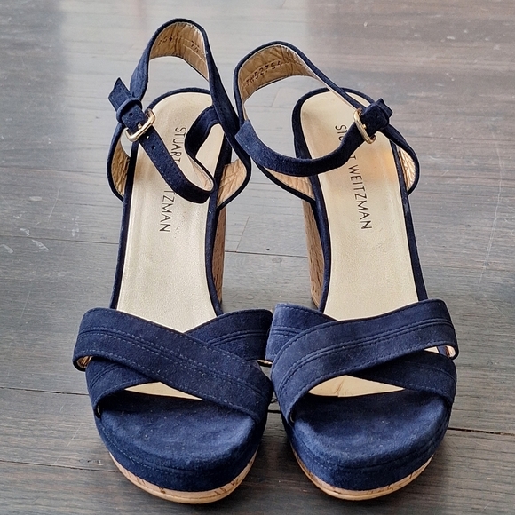Stuart Weitzman Minky Platform Wedge Sandal Blue 9.5 EUC - Picture 4 of 16